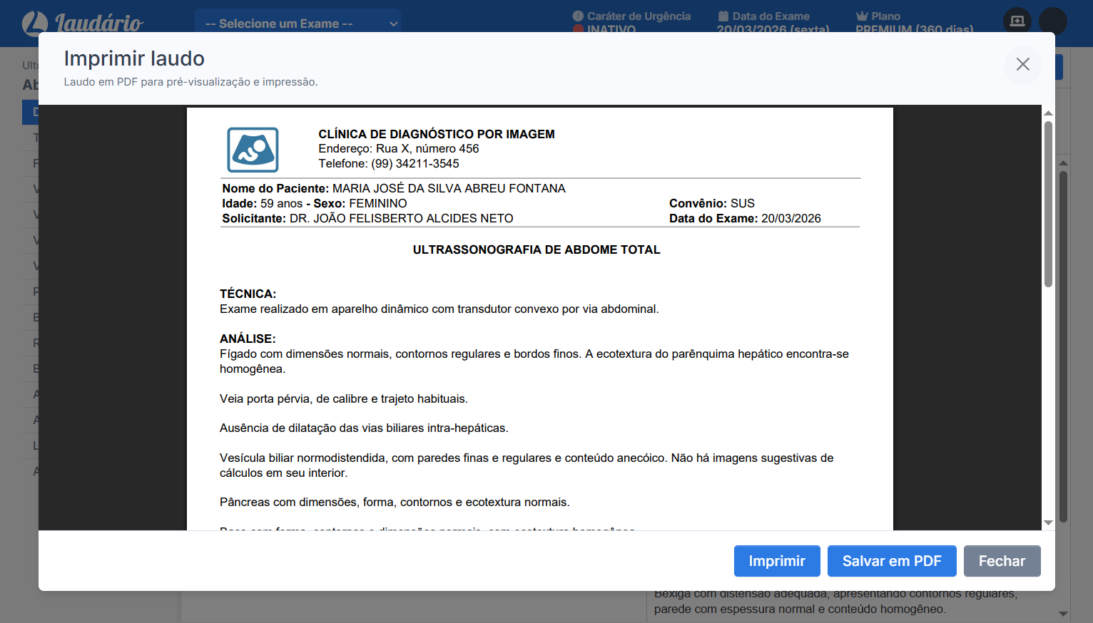 Laudo impresso com cabeçalho personalizado e QR Code